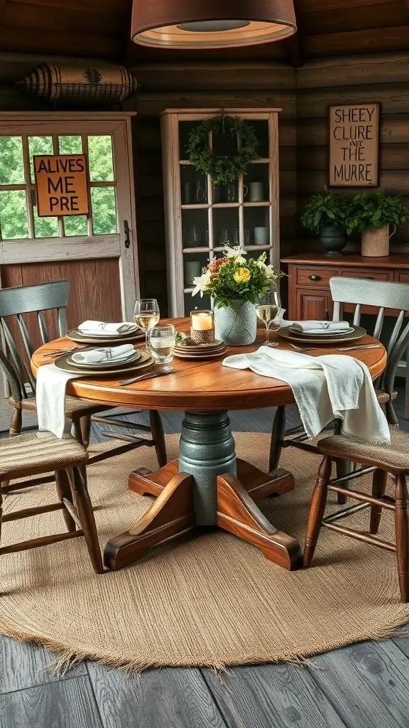 27+ Stunning Christmas Table Settings for Round Tables 15 A charming farmhouse style round table setting with wooden chairs, a flower centerpiece, and warm lighting.