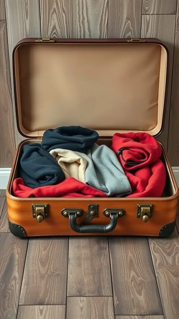 A suitcase filled with rolled hoodies in different colors.