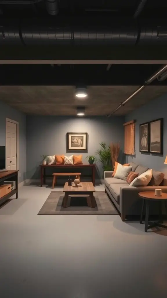 Cozy basement retreat featuring soft gray walls and warm furniture accents