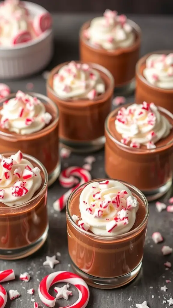 Chocolate peppermint mousse in clear glasses topped with whipped cream and crushed peppermint candies