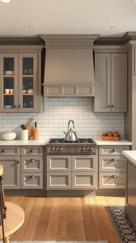 A kitchen featuring taupe cabinets, a stainless steel stove, and a light wood floor.
