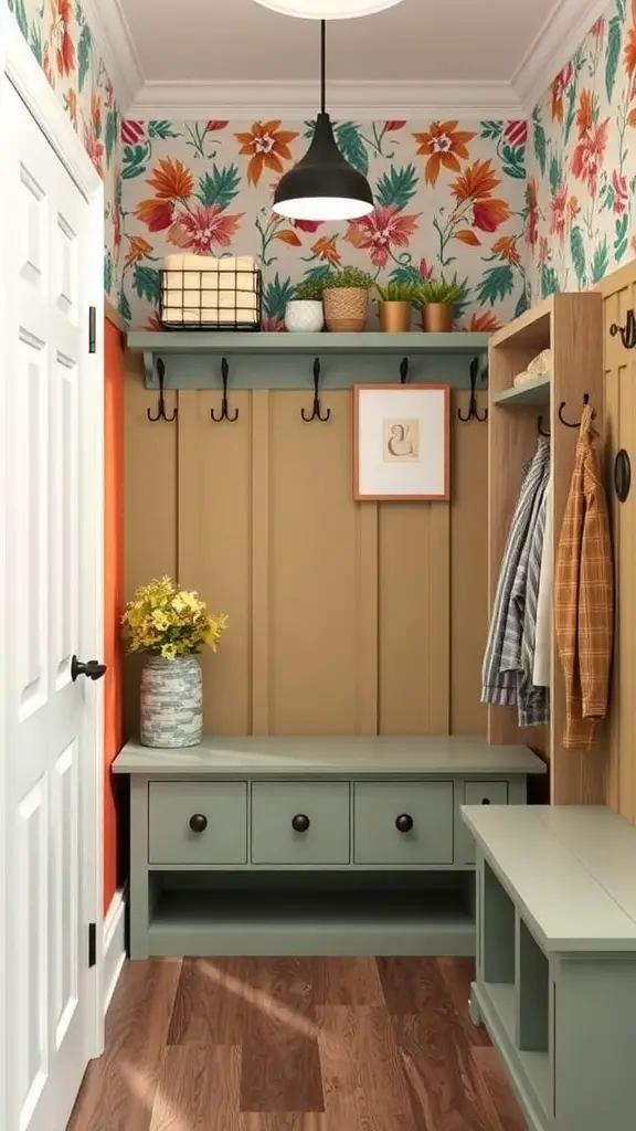 25+ Stunning Mini Mudroom Entryway Ideas for Small Spaces 13 A mini mudroom featuring colorful floral wallpaper, wooden storage, and hooks.