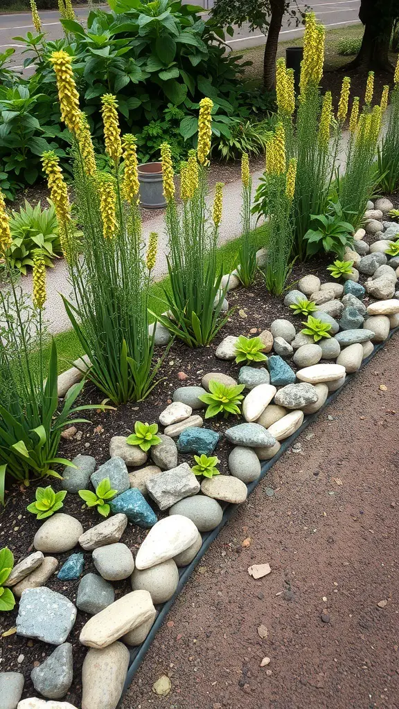 29+ Stunning Garden Border Ideas to Transform Your Outdoor Space 8 A garden border made of stones and plants, showcasing a creative use of recycled materials.
