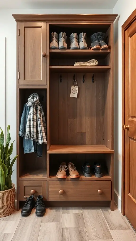 A wooden mudroom cabinet with shoes, coats, and a plant