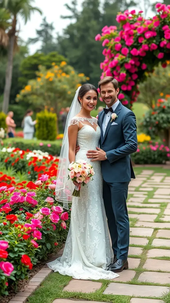 25+ Dreamy Garden Party Wedding Ideas for a Magical Celebration 10 A bride and groom pose together in a garden filled with colorful flowers.