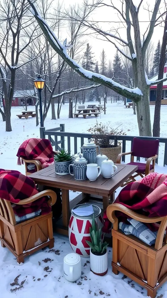 23+ Budget-Friendly Dollar Tree Hot Cocoa Bar Ideas 10 Cozy outdoor hot cocoa bar with blankets, pillows, and mugs in a snowy setting.