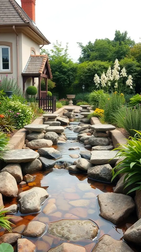 A beautiful cottage garden featuring a stream with natural stone pathways and lush greenery.