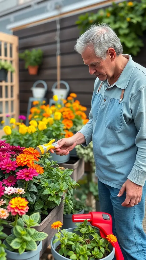 A gardener watering colorful flowers in a container garden.