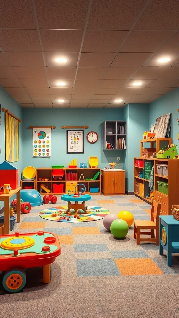 A colorful and organized playroom for kids in a basement setting.