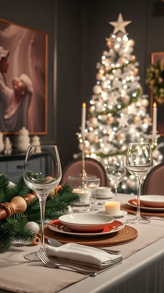 27+ Stunning Pearl Christmas Tree Decorations for a Glamorous Holiday Look 12 A festive dining table set with elegant decorations, complementing a pearl-themed Christmas tree in the background.