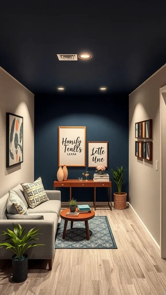 Cozy basement area with a bold blue accent wall, gray sofa, and decorative artwork.