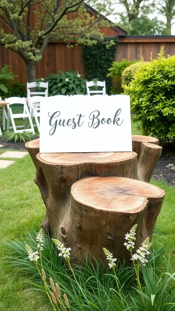 27+ Enchanting for a Garden Wedding Ideas Celebration 15 A rustic tree stump with a 'Guest Book' sign in a garden setting.
