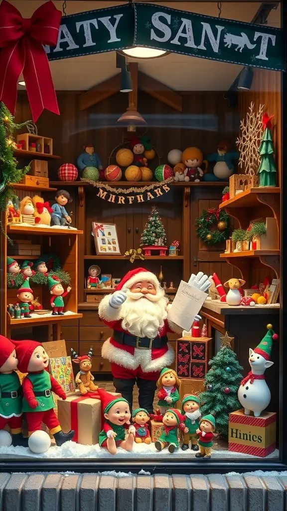 27+ Stunning Holiday Window Displays to Inspire Your Seasonal Decor 9 A festive window display featuring Santa in his workshop surrounded by elves and toys.