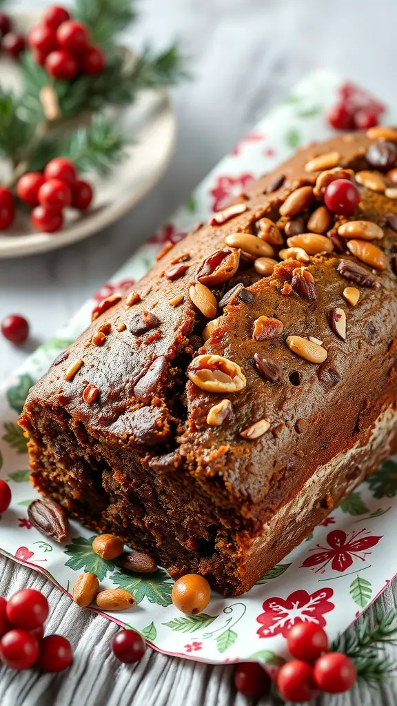 A nutty fruitcake topped with nuts and surrounded by festive red berries.