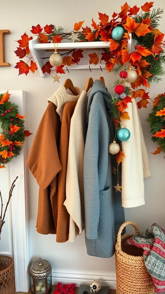 A coat rack decorated with autumn leaves and ornaments, featuring cozy coats in warm colors.