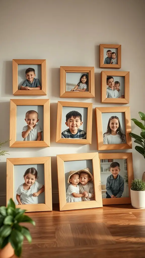 23+ Creative Dollar Tree Cutting Board Crafts You Can Make 14 A collection of photo frames made from cutting boards, displaying various children's portraits.