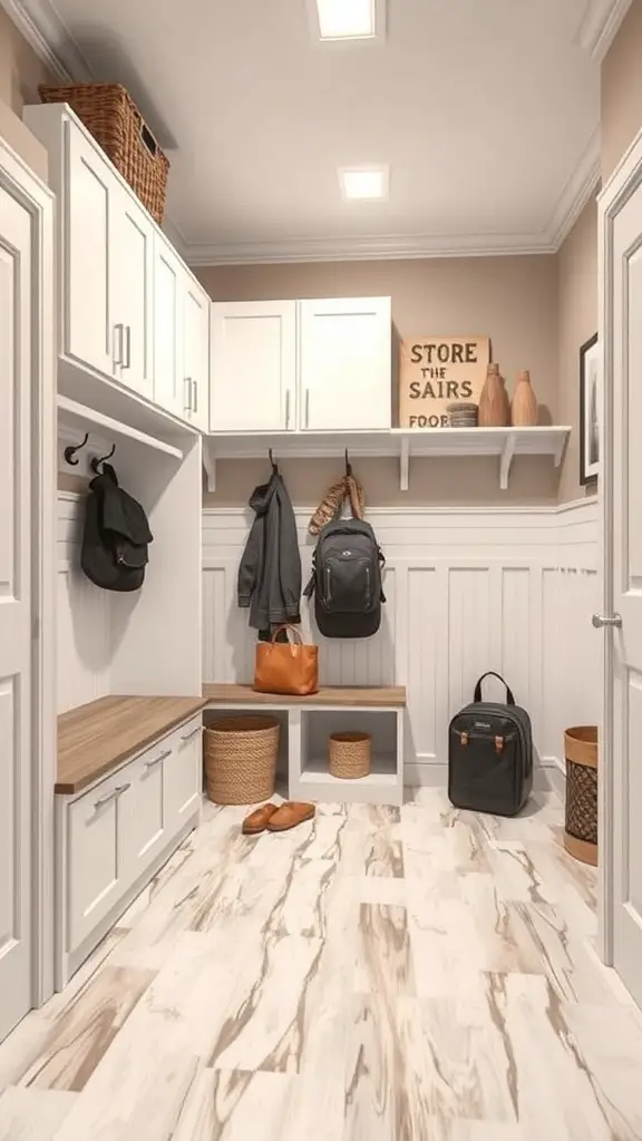 25+ Stylish Mudroom Tile Floor Ideas You’ll Love 16 A stylish mudroom with durable vinyl tile flooring, featuring organized storage and a warm color palette.