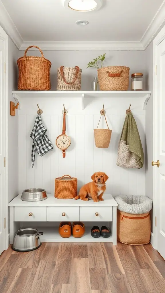 29+ Creative Pet-Friendly Mudroom Ideas You'll Love 5 A cozy mudroom with a pet station featuring a dog on a bench, organized shelves with baskets, and food and water bowls.
