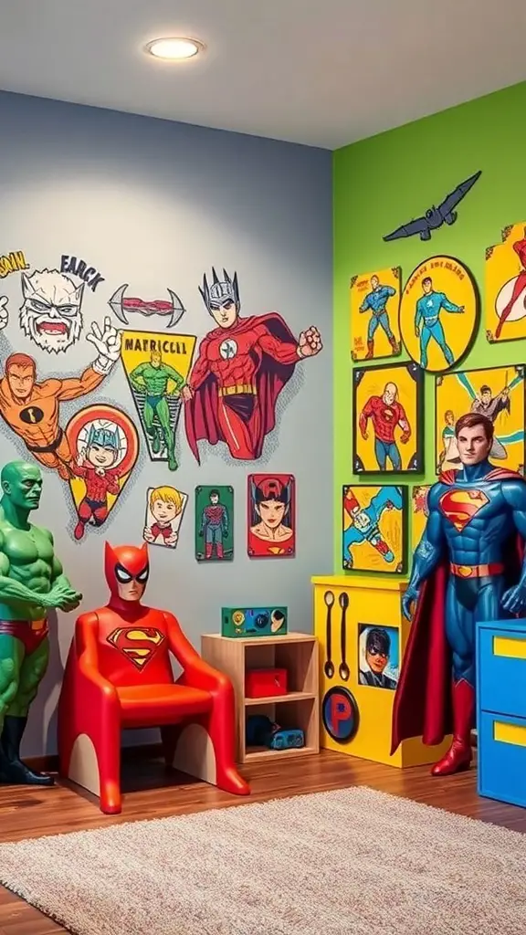 A colorful toddler boy's room featuring superhero wall art and figurines.
