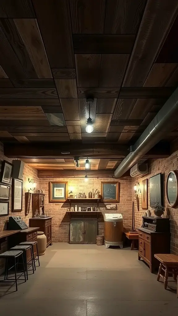 A cozy basement with a wooden plank ceiling and exposed brick walls, featuring vintage furniture.