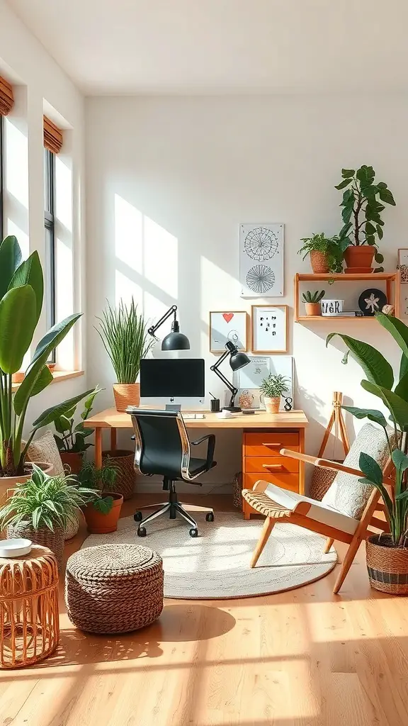 23+ Boho Office Decor Ideas for a Stylish Workspace 5 A bright boho office with plants, wooden furniture, and natural light.