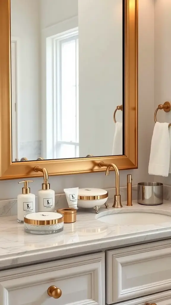 Elegant bathroom countertop with Ralph Lauren bath accessories, featuring gold accents and marble surface.