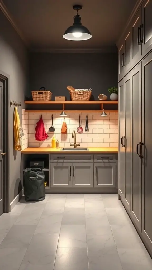 25+ Stylish Mudroom Lighting Ideas to Illuminate Your Space 15 A modern mudroom with task lighting, featuring a sink, cabinets, and organized shelves.