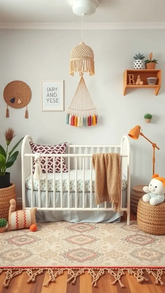 29+ Boho Nursery Decor Ideas for a Cozy and Stylish Space 5 A cozy boho nursery featuring a vintage crib, colorful decor, and natural elements.