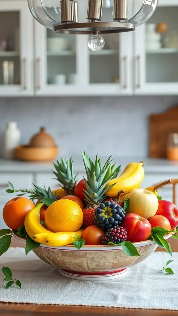 23+ Stunning Table Centerpieces to Elevate Your Home Decor 6 A colorful bowl filled with various seasonal fruits including bananas, oranges, apples, and berries.