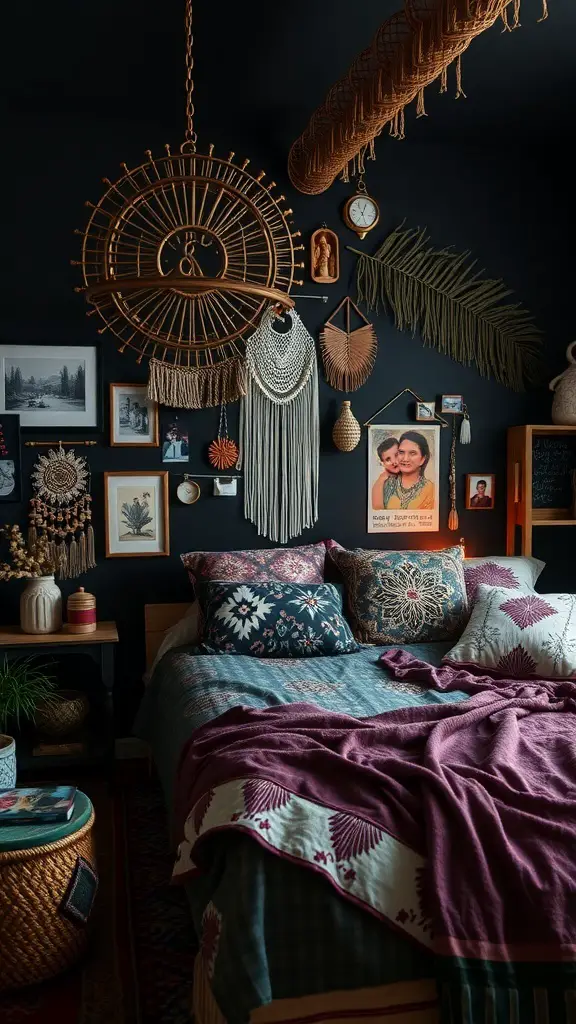 31+ Dark Boho Bedroom Ideas 14 A cozy dark boho bedroom featuring a bed with colorful pillows, a warm blanket, and personalized wall decor.