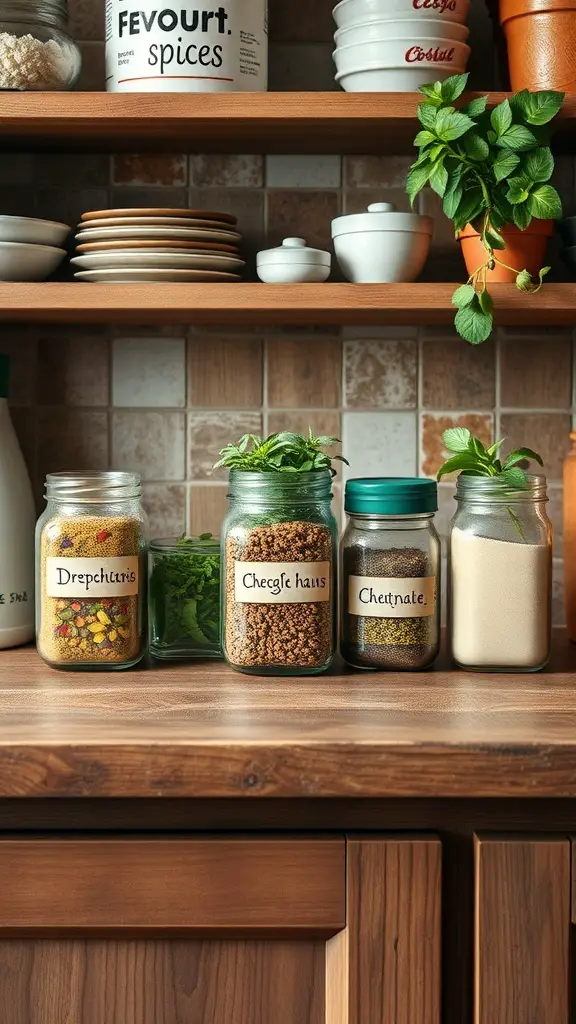 27+ Creative Mason Jar Storage Ideas for a Clutter-Free Home 6 Mason jars filled with various herbs and spices on a wooden shelf.