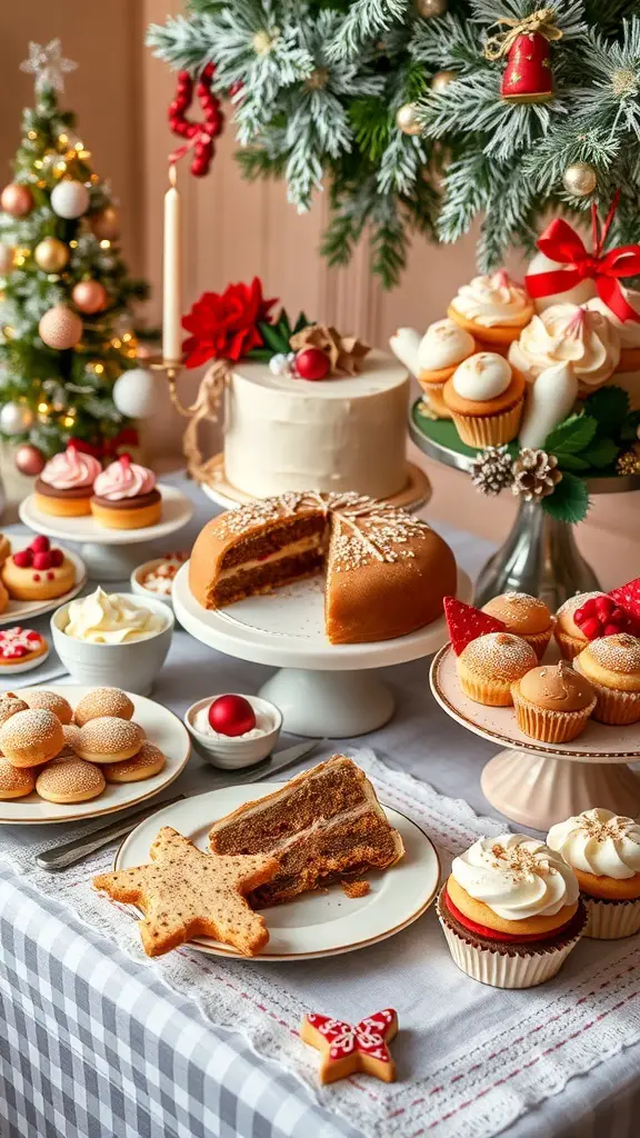 25+ Stunning Christmas Food Table Displays for Your Holiday Feast 8 A festive holiday dessert table featuring a variety of cakes, cupcakes, and cookies, decorated with holiday-themed ornaments.