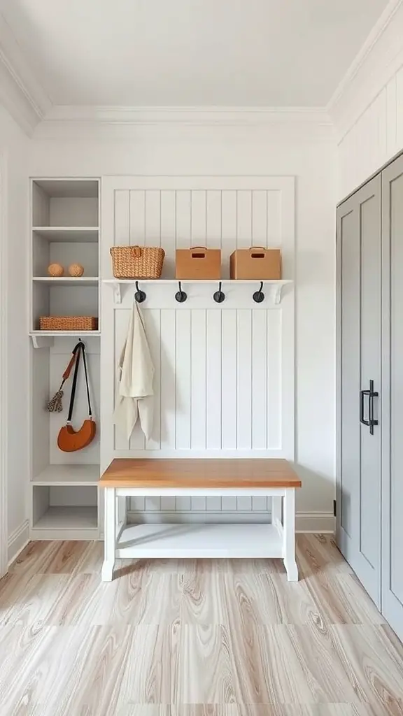 A mudroom with open shelves and closed storage options, featuring a bench.