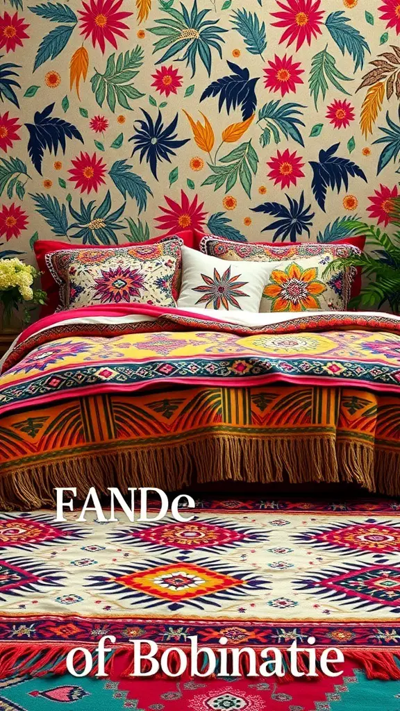 27+ Boho Bedding Ideas to Transform Your Bedroom Style 5 A vibrant boho bedding set with colorful patterns and floral wall art.