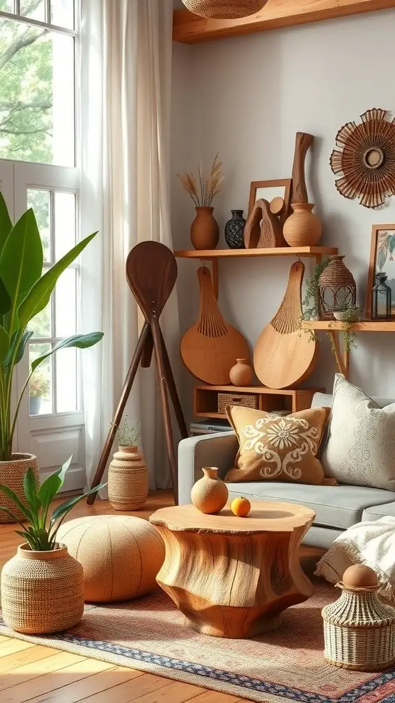 A cozy living room featuring handcrafted wooden decor, including a unique coffee table, wooden sculptures, and plants.