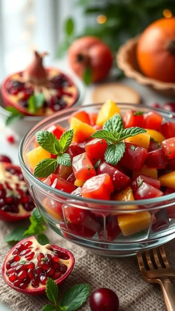 25+ Stunning Christmas Food Table Displays for Your Holiday Feast 16 A colorful bowl of pomegranate and citrus salad with mint leaves, surrounded by pomegranate halves and a pumpkin.