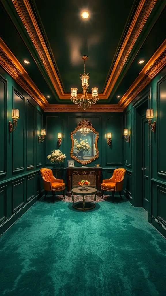 Elegant basement with rich jewel tones, featuring dark green walls, golden accents, and bright orange chairs.