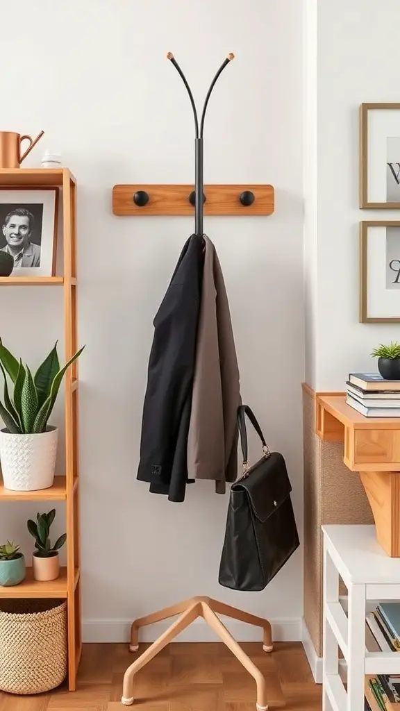A modern coat rack with a wooden base and hooks, displaying a jacket and a handbag.