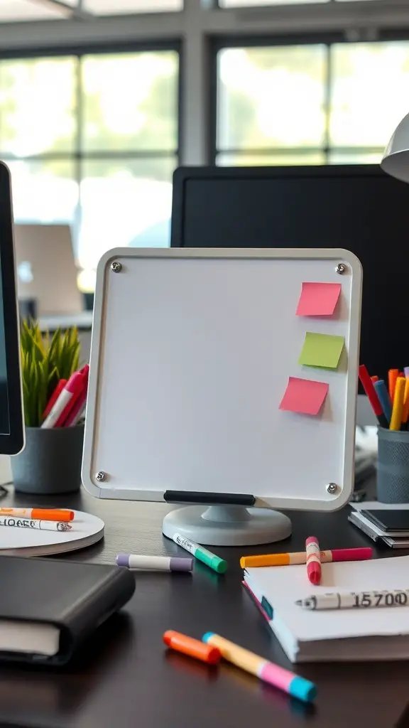 27+ Creative Dollar Tree Gifts for Your Coworkers 11 A mini whiteboard on a desk surrounded by colorful markers and sticky notes.