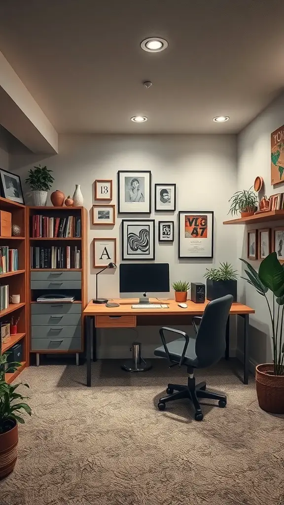 29+ Inspiring Basement House Ideas for Your Next Home Project 9 A cozy basement home office with a desk, chair, and framed art on the walls.