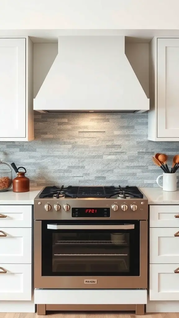 27+ Inspiring Stove Backsplash Ideas You’ll Love 4 A modern kitchen featuring a textured stone slab backsplash behind a stove, showcasing a stylish and functional design.