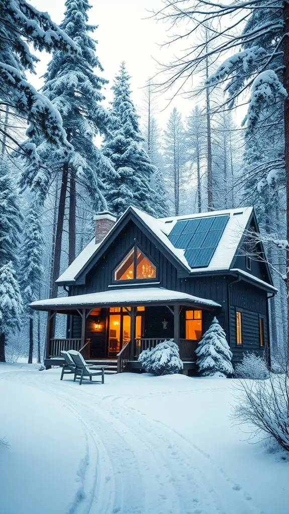 A winter cabin surrounded by snow-covered trees, featuring solar panels on the roof.