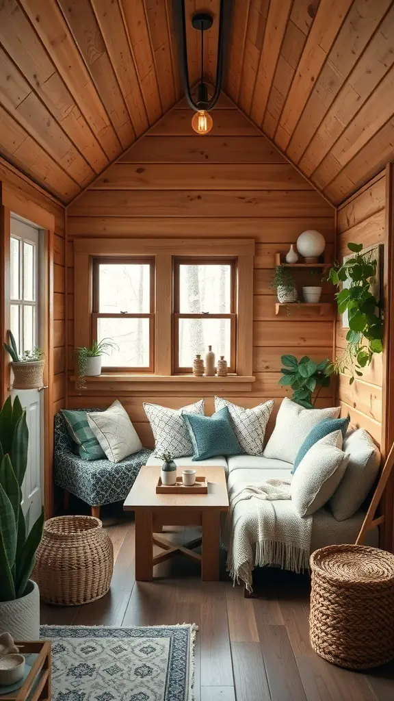 Cozy interior of a tiny cabin with wooden walls, natural light, and nature-inspired decor.