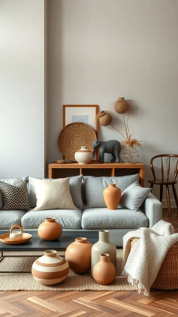 27+ Earthy Living Room Ideas with 15 Must-Have Items 12 A cozy living room featuring earthy tones, handmade pottery, and woven decor.
