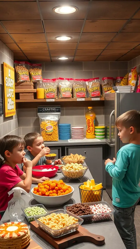 Kids enjoying snacks at a basement snack bar