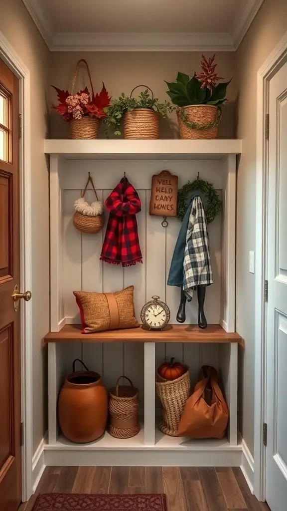 A cozy mudroom locker featuring seasonal decor with plants, a plaid blanket, and decorative baskets.