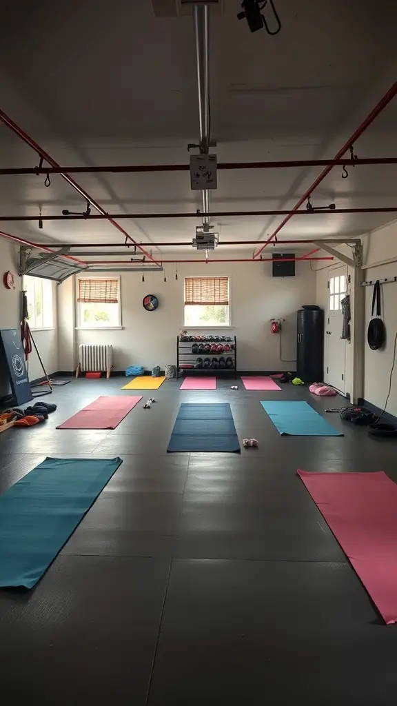 27+ Inspiring Half Garage Gym Ideas for Your Home Workout Space 3 A spacious garage gym with colorful yoga mats laid out for yoga and stretching.