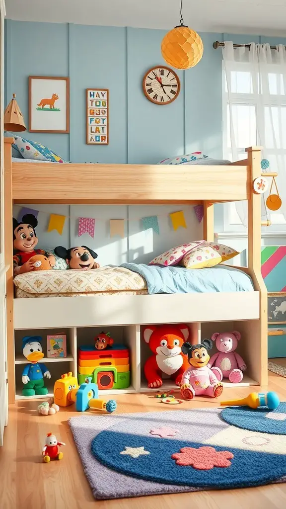 25+ Creative Under Bed Storage Solutions for Small Spaces 5 A colorful kids' bedroom featuring a bunk bed with toys stored underneath.