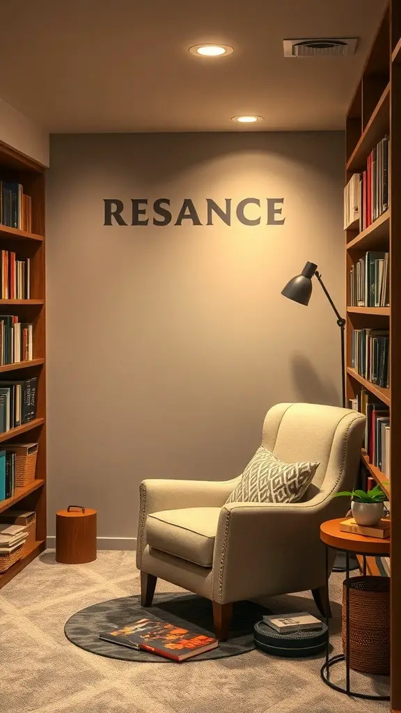 A cozy reading nook with a chair, lamp, and bookshelves.