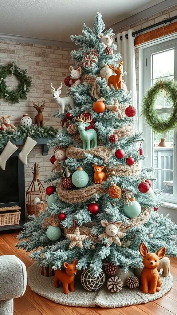 A frosted Christmas tree decorated with woodland creatures, colorful ornaments, and natural elements.